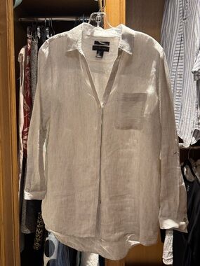 Tahiri White Blue Gray Pin Striped 100% Linen Button Down Shirt Tunic Top Small